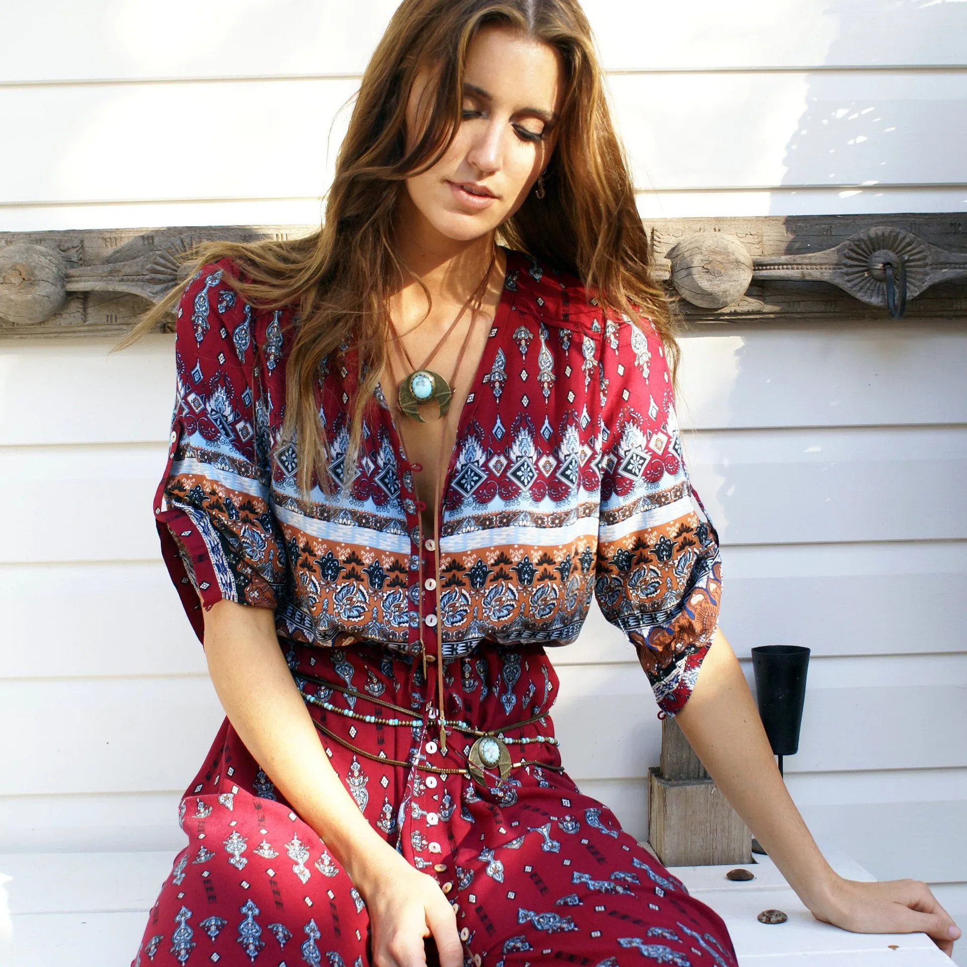 Print 3/4 Sleeves Bohemian Beach Dress