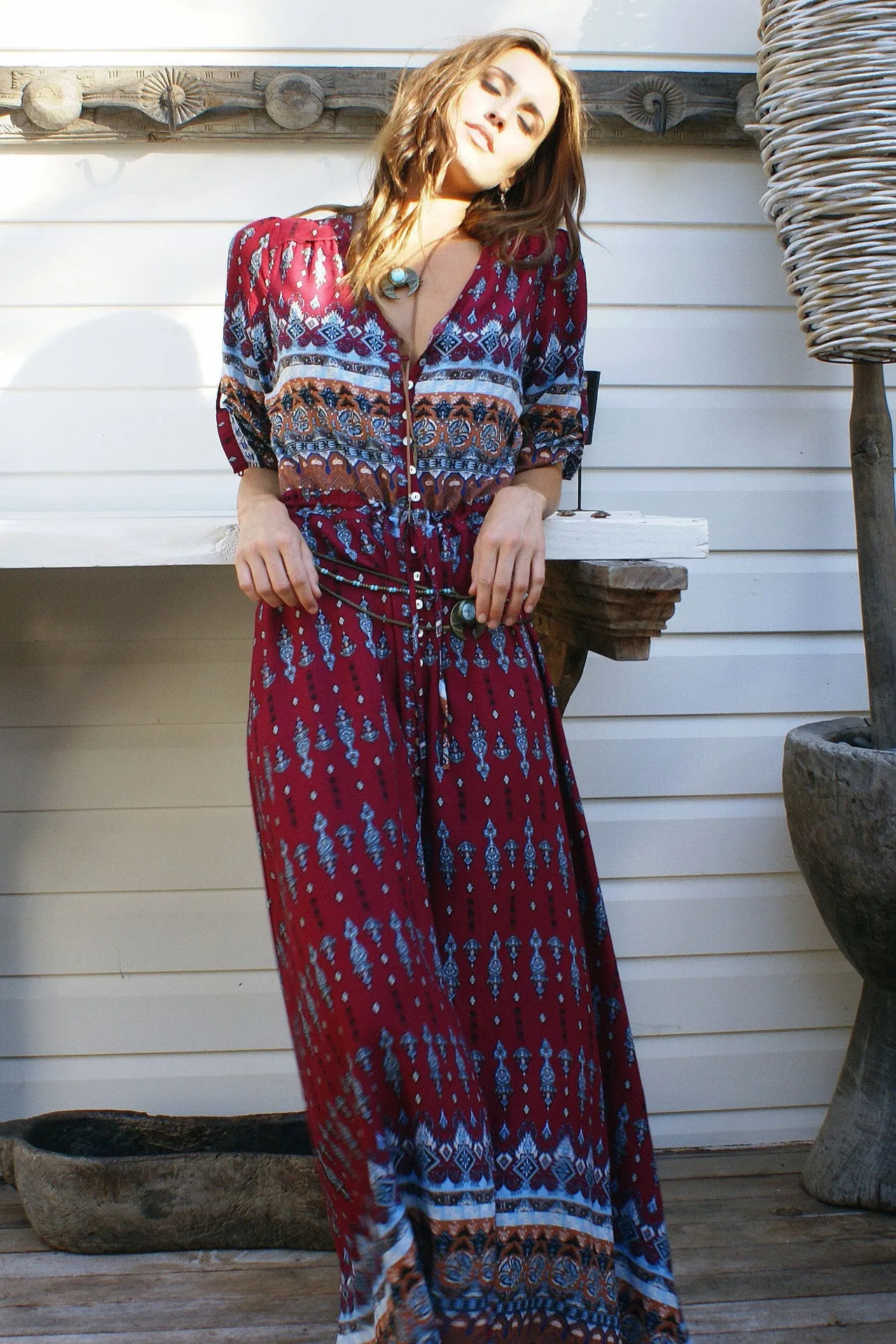 Print 3/4 Sleeves Bohemian Beach Dress