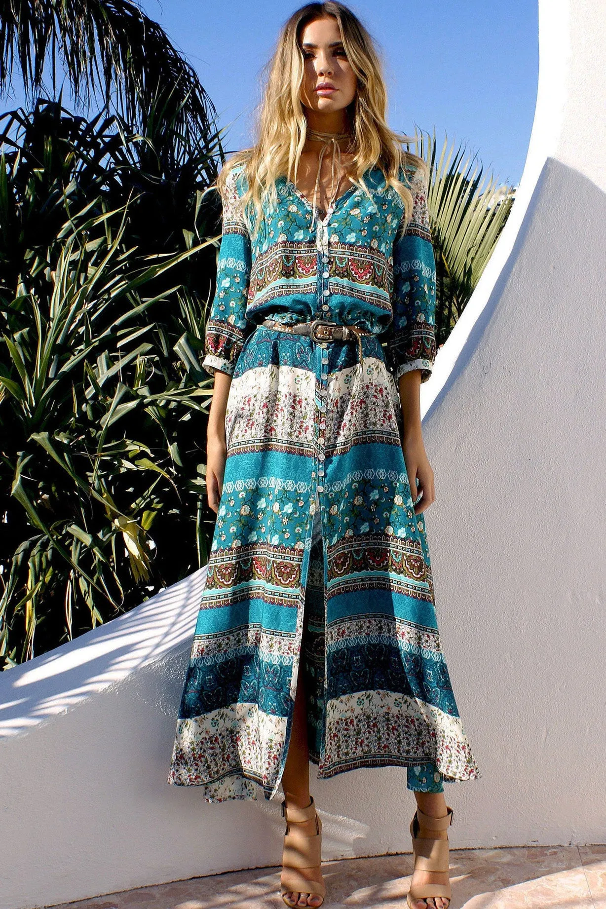 Print 3/4 Sleeves Bohemian Beach Dress
