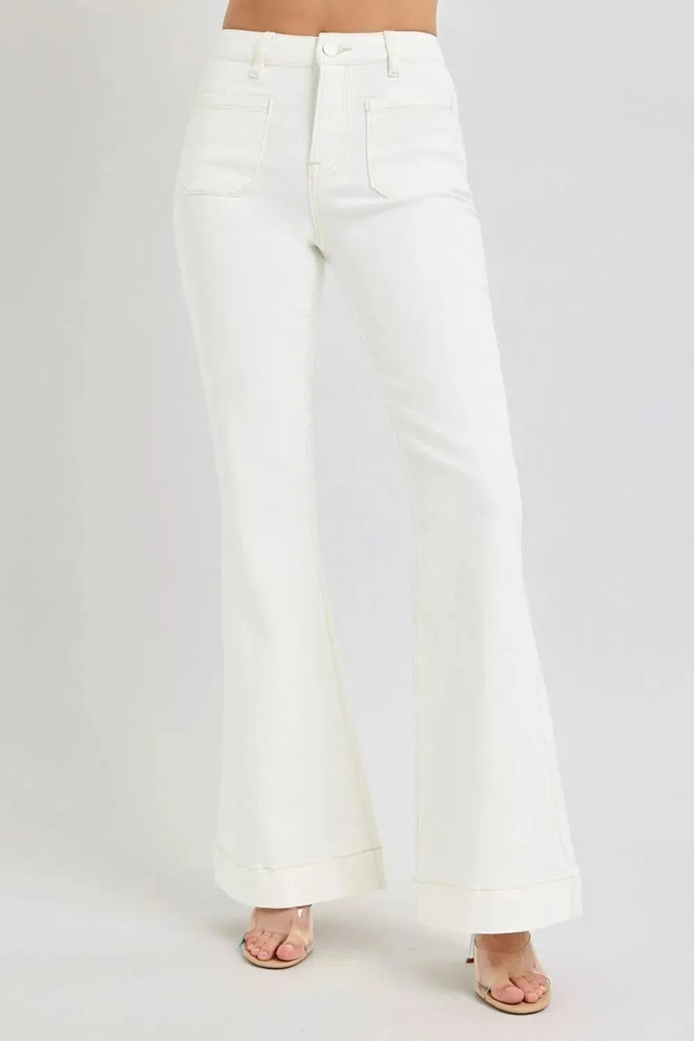RISEN Full Size High Rise Front Patch Pocket Flare Jeans