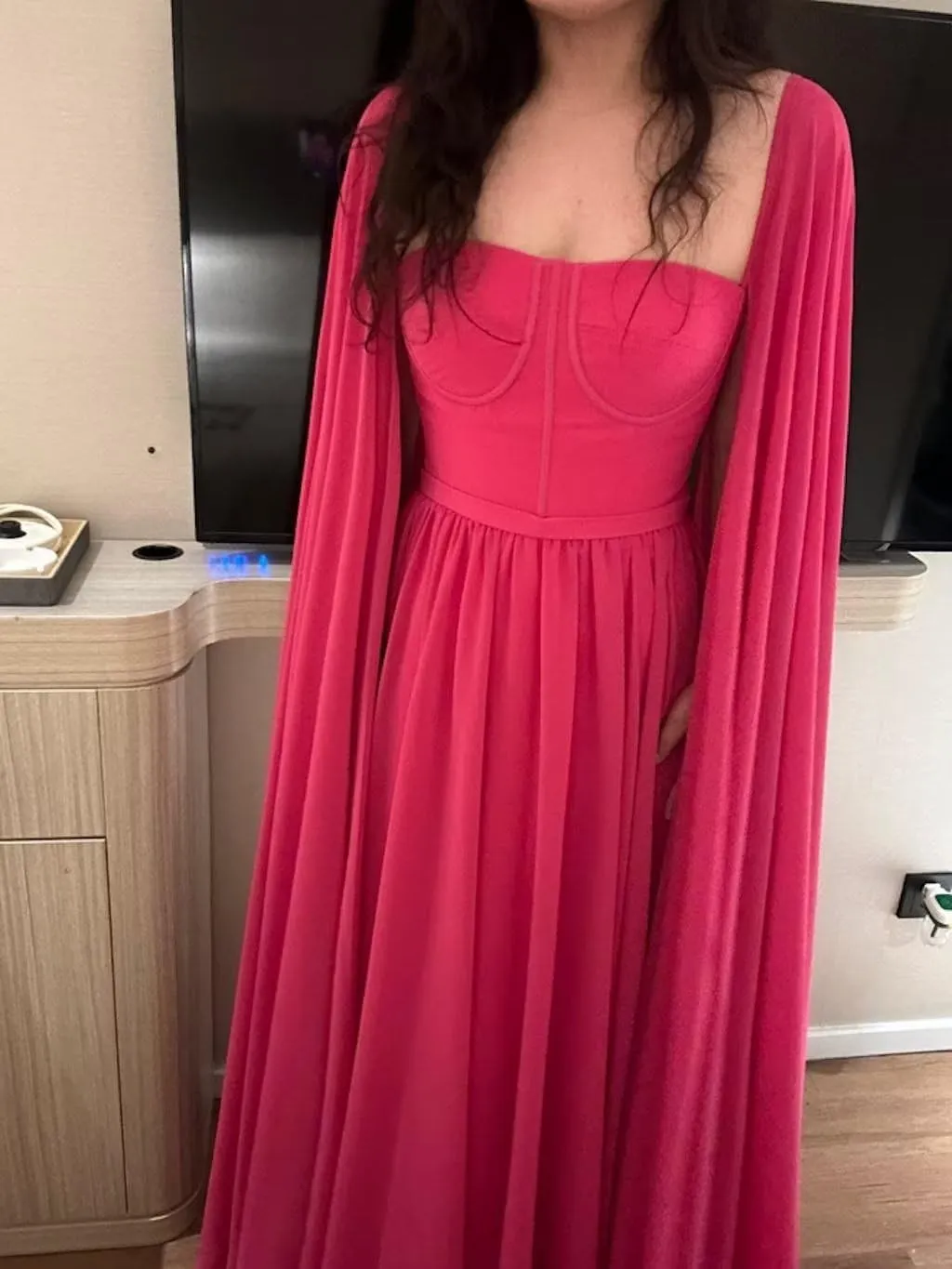Rjer Prom Dresses with Cape Long Ball Gowns A Line Pleated Formal Evening Party Gowns