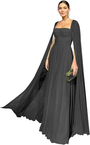 Rjer Prom Dresses with Cape Long Ball Gowns A Line Pleated Formal Evening Party Gowns