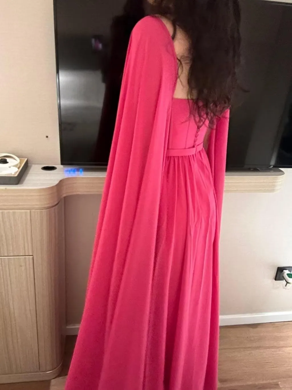 Rjer Prom Dresses with Cape Long Ball Gowns A Line Pleated Formal Evening Party Gowns