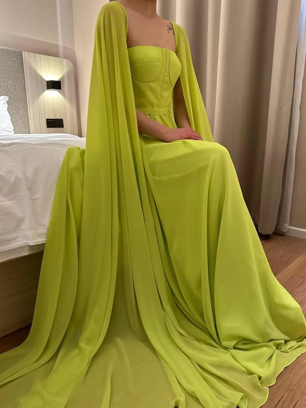 Rjer Prom Dresses with Cape Long Ball Gowns A Line Pleated Formal Evening Party Gowns