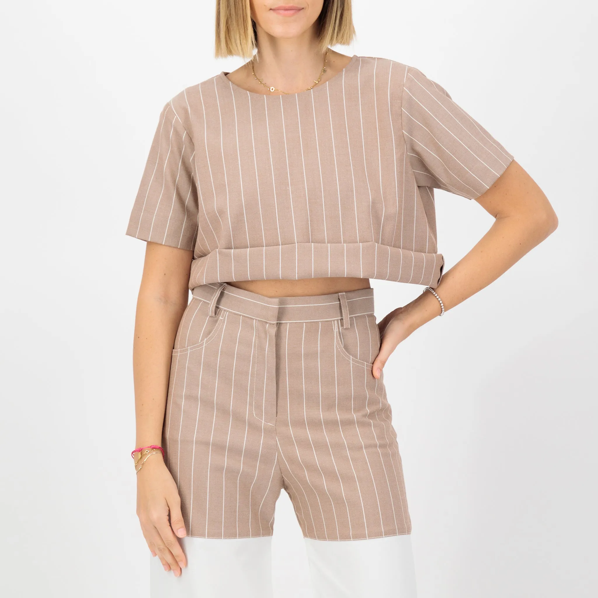 Rolled up pinstripe top
