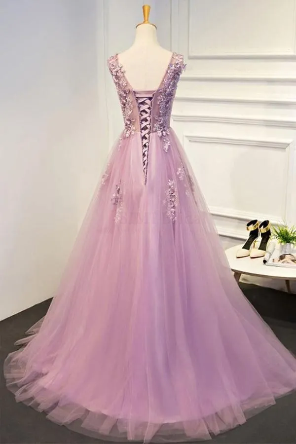Round Neck Pink Long Tulle Prom Dresses with Applique TP0151