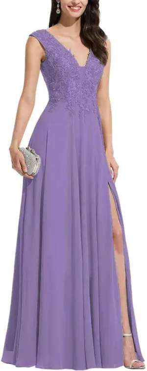 S Marlene V Neck Bridesmaid Dresses for Women Long Lace Appliques Chiffon A Line Formal Prom Dresses Party Evening Gowns Dusty Purple, 12