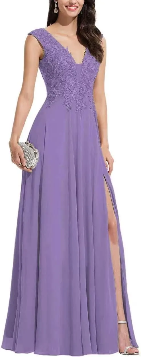 S Marlene V Neck Bridesmaid Dresses for Women Long Lace Appliques Chiffon A Line Formal Prom Dresses Party Evening Gowns Dusty Purple, 12