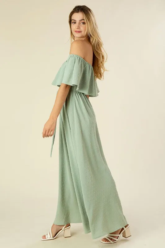 Sage Green Swiss Dot Off Shoulder Dress