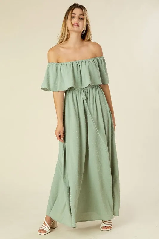 Sage Green Swiss Dot Off Shoulder Dress