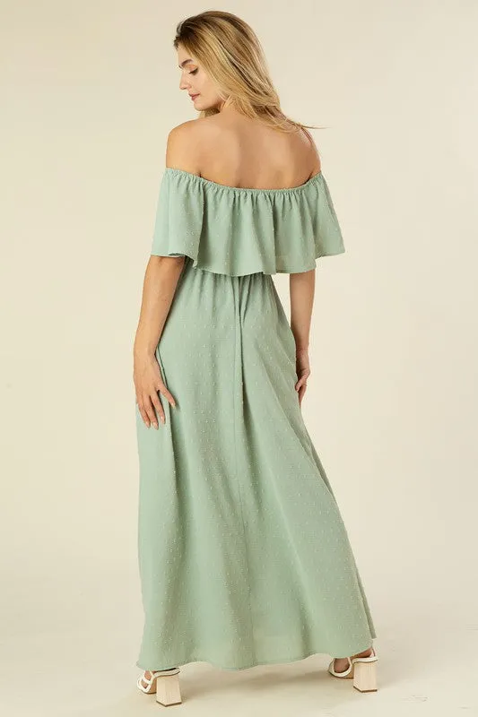 Sage Green Swiss Dot Off Shoulder Dress
