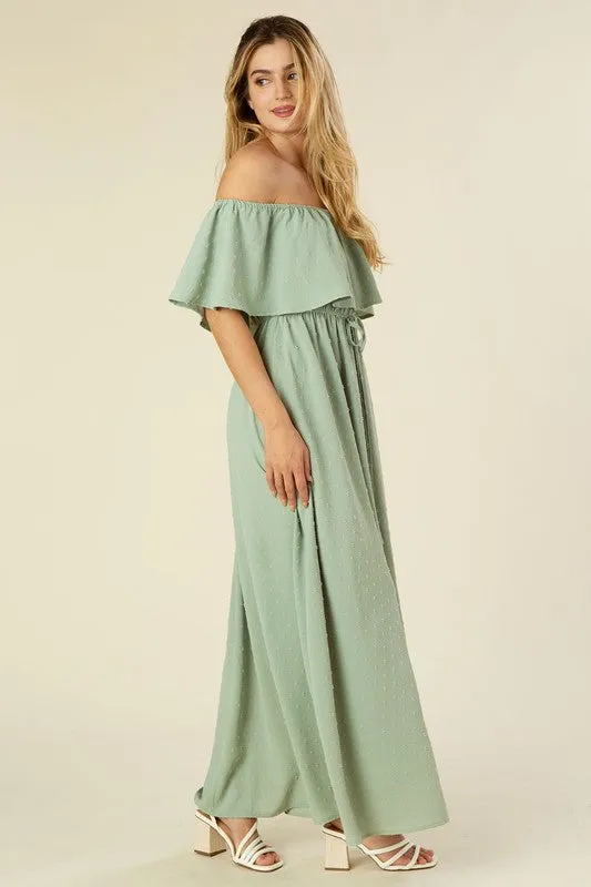 Sage Green Swiss Dot Off Shoulder Dress