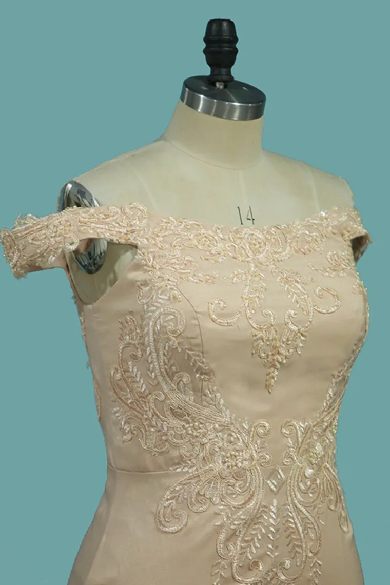 Satin Mermaid Off The Shoulder Prom Dresses With Applique And Beads
