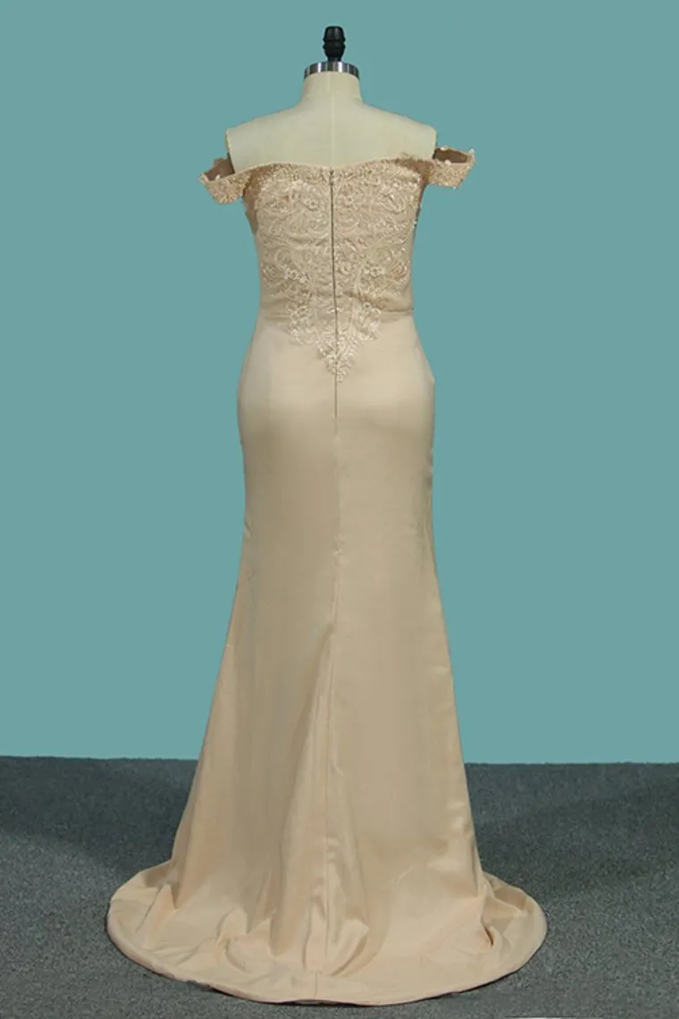 Satin Mermaid Off The Shoulder Prom Dresses With Applique And Beads