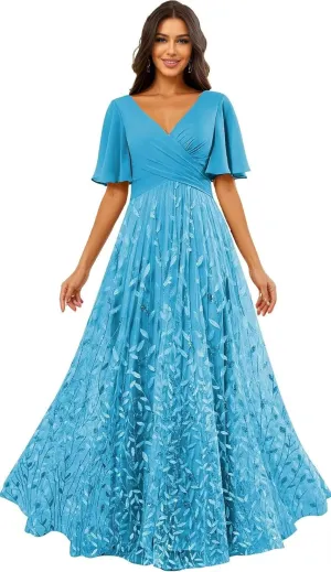 Sequin Prom Dress 2025 Long Tulle Lace Short Sleeve Formal Evening Gown for Women A Line V Neck Bridesmaid Dresses