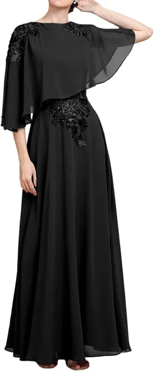 Sequins Lace Applique Flutter Chiffon Mother of The Bride Dresses with Capelet Mother of The Groom Dress for Wedding