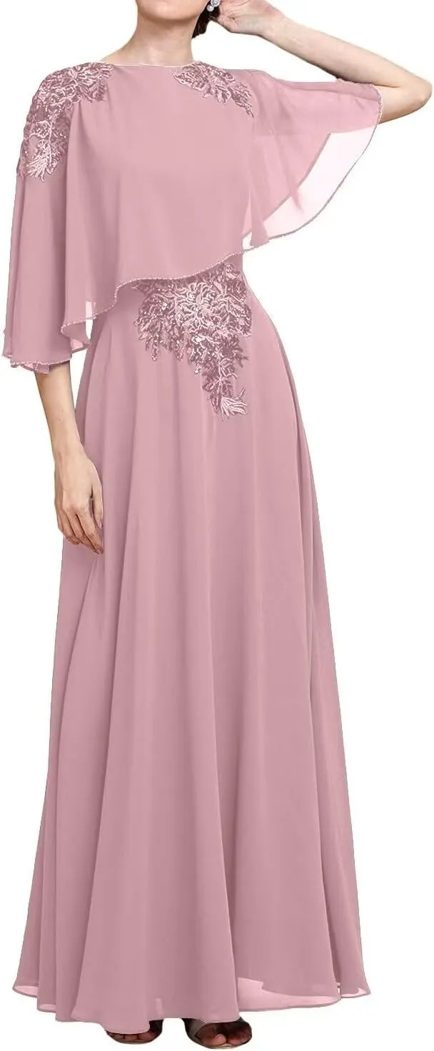 Sequins Lace Applique Flutter Chiffon Mother of The Bride Dresses with Capelet Mother of The Groom Dress for Wedding