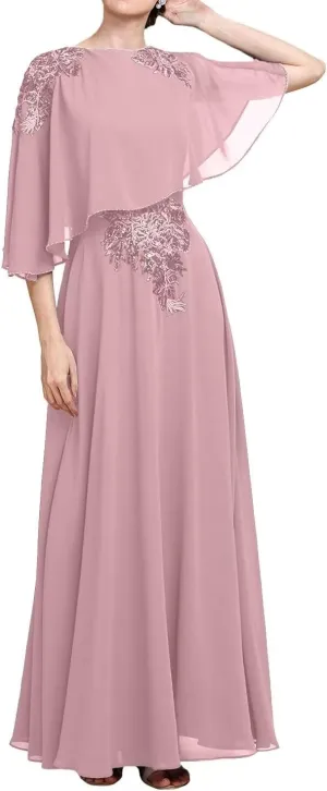 Sequins Lace Applique Flutter Chiffon Mother of The Bride Dresses with Capelet Mother of The Groom Dress for Wedding
