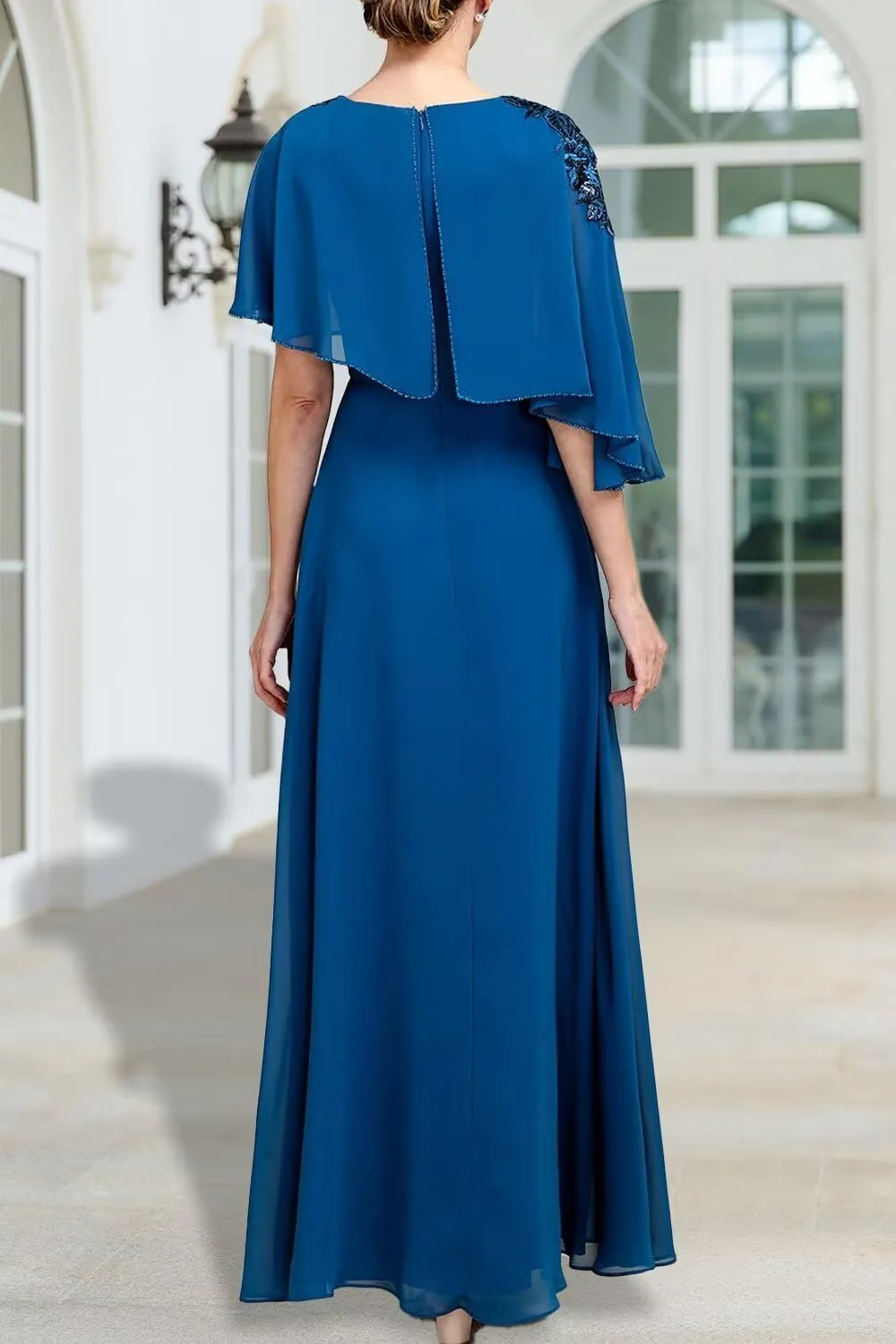 Sequins Lace Applique Flutter Chiffon Mother of The Bride Dresses with Capelet Mother of The Groom Dress for Wedding