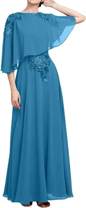 Sequins Lace Applique Flutter Chiffon Mother of The Bride Dresses with Capelet Mother of The Groom Dress for Wedding