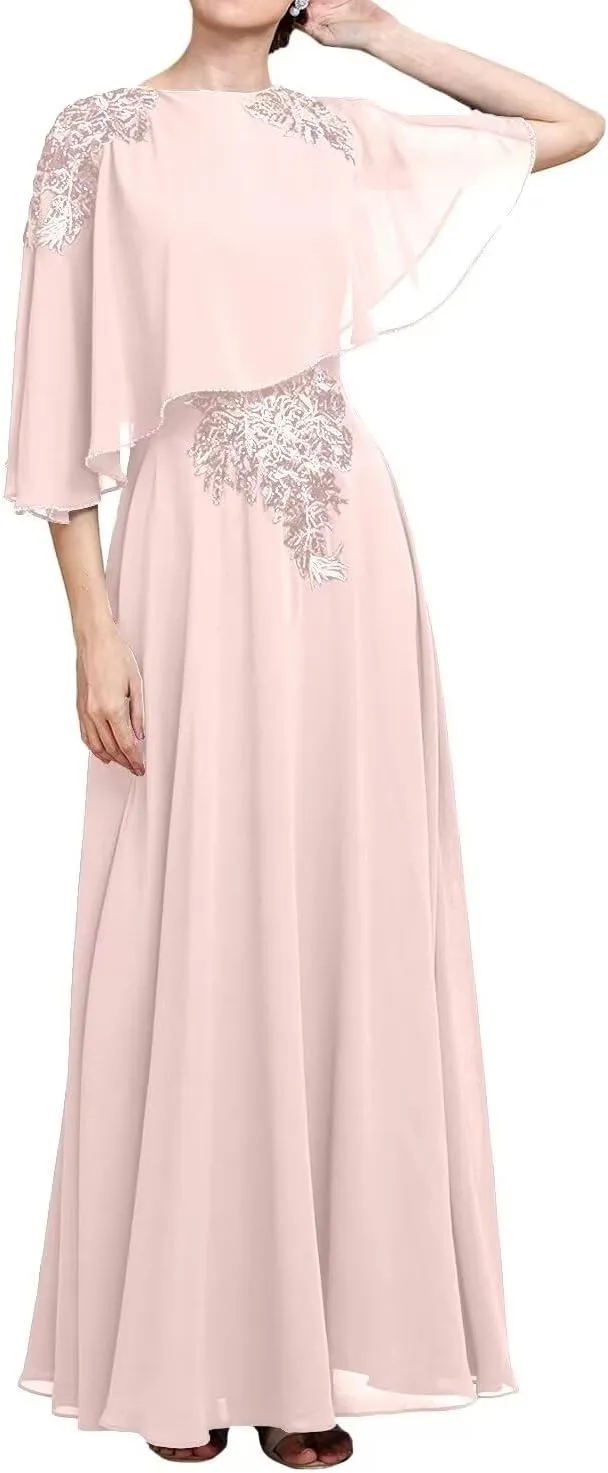 Sequins Lace Applique Flutter Chiffon Mother of The Bride Dresses with Capelet Mother of The Groom Dress for Wedding