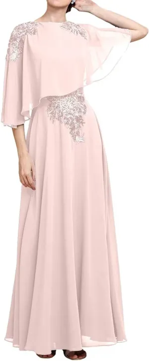 Sequins Lace Applique Flutter Chiffon Mother of The Bride Dresses with Capelet Mother of The Groom Dress for Wedding