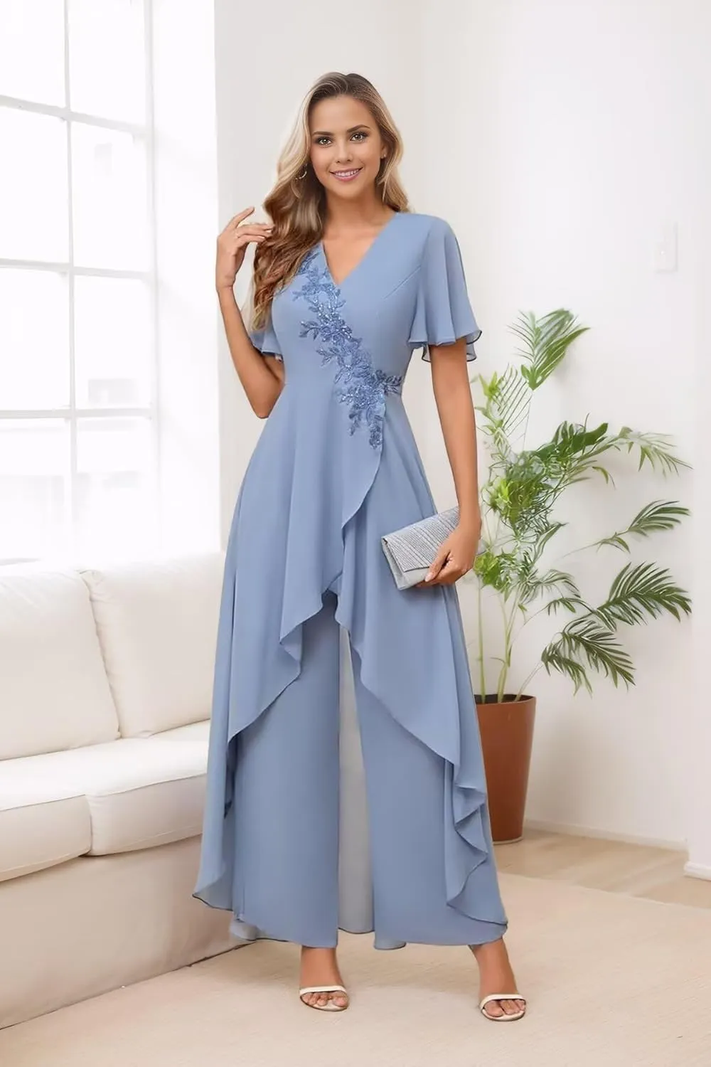 Short Flutter Sleeves Mother of The Bride Dresses Lace Appliques Chiffon Prom Dress for Women Formal Elegant DR0728
