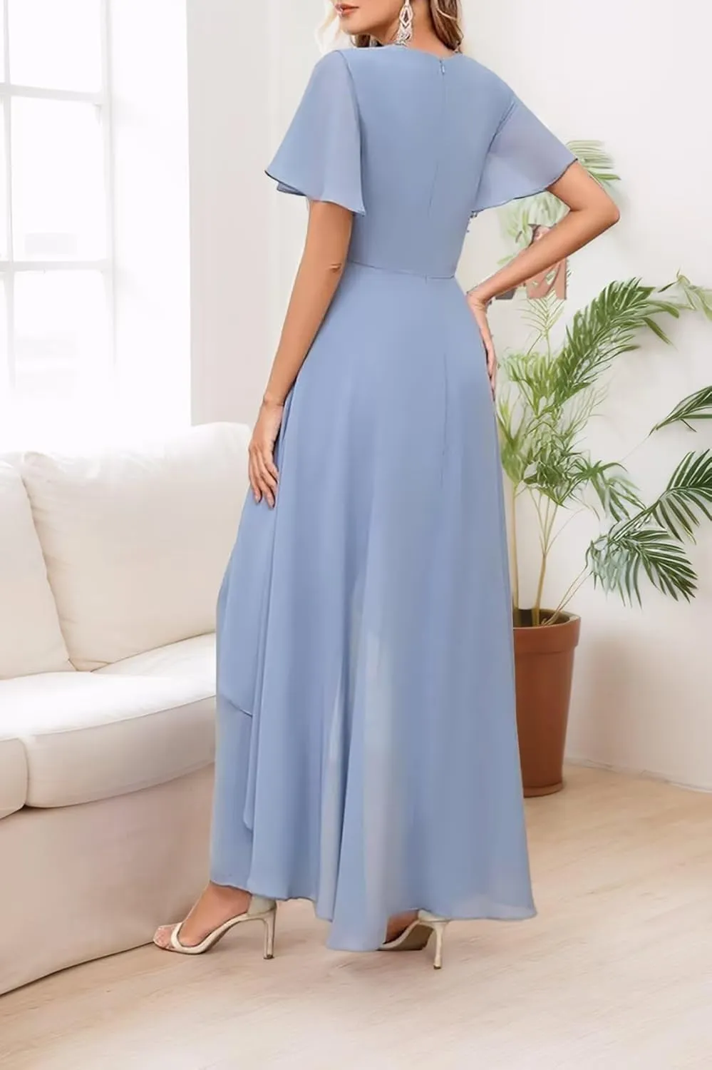 Short Flutter Sleeves Mother of The Bride Dresses Lace Appliques Chiffon Prom Dress for Women Formal Elegant DR0728