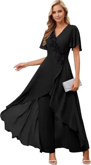 Short Flutter Sleeves Mother of The Bride Dresses Lace Appliques Chiffon Prom Dress for Women Formal Elegant DR0728