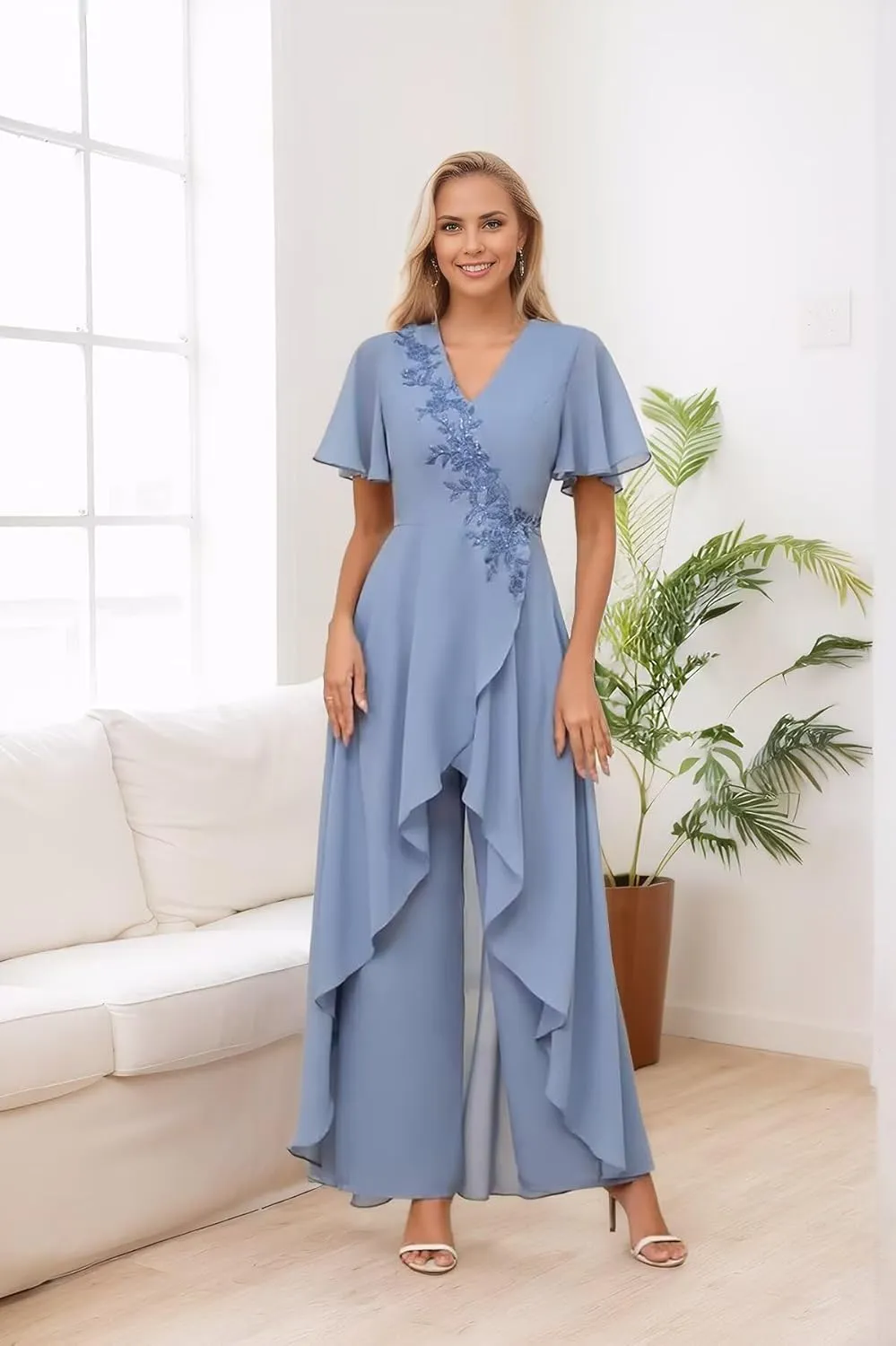 Short Flutter Sleeves Mother of The Bride Dresses Lace Appliques Chiffon Prom Dress for Women Formal Elegant DR0728