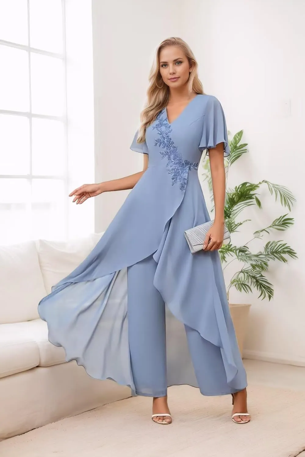 Short Flutter Sleeves Mother of The Bride Dresses Lace Appliques Chiffon Prom Dress for Women Formal Elegant DR0728