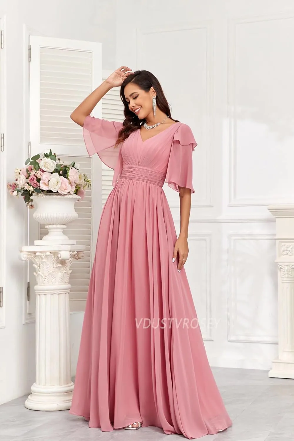 Short Sleeve Bridesmaid Dress for Women 2025 Flowy A-Line Pleated Mother of The Bride Dresses with Slit