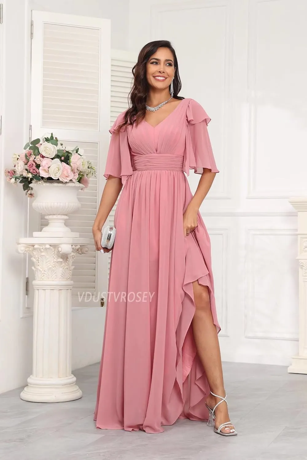 Short Sleeve Bridesmaid Dress for Women 2025 Flowy A-Line Pleated Mother of The Bride Dresses with Slit