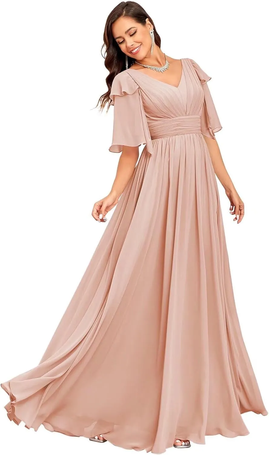 Short Sleeve Bridesmaid Dress for Women 2025 Flowy A-Line Pleated Mother of The Bride Dresses with Slit