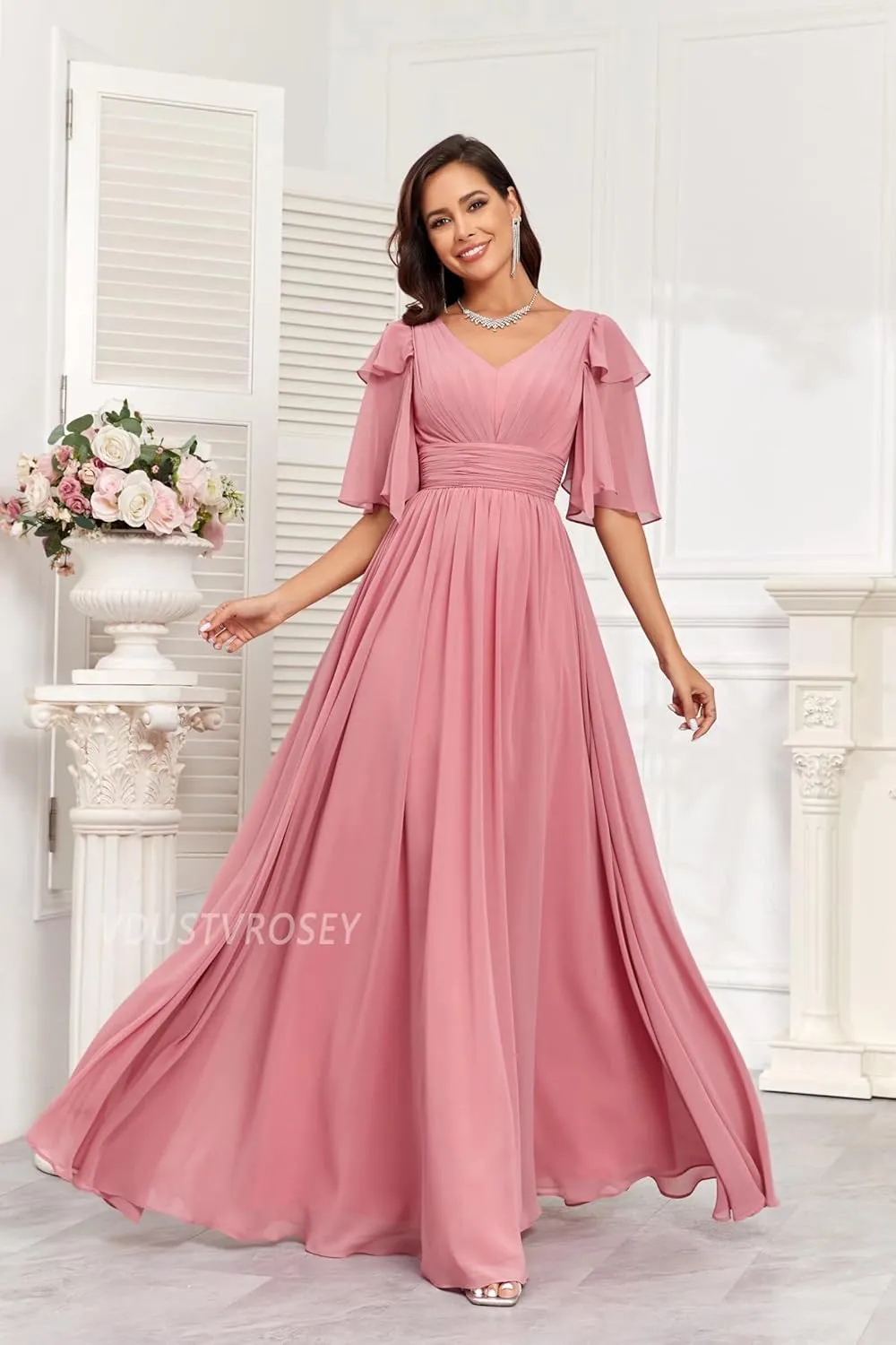 Short Sleeve Bridesmaid Dress for Women 2025 Flowy A-Line Pleated Mother of The Bride Dresses with Slit