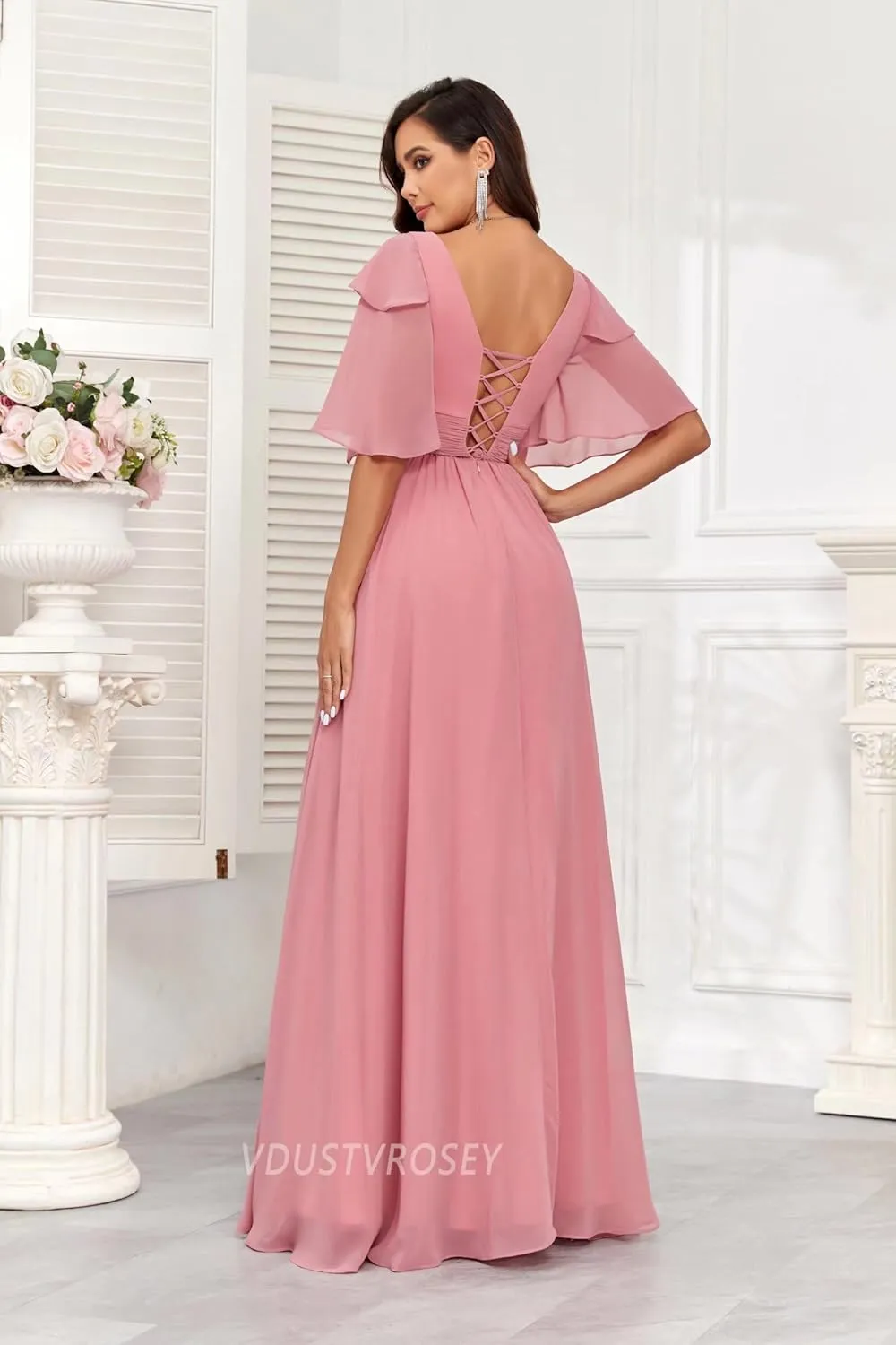 Short Sleeve Bridesmaid Dress for Women 2025 Flowy A-Line Pleated Mother of The Bride Dresses with Slit