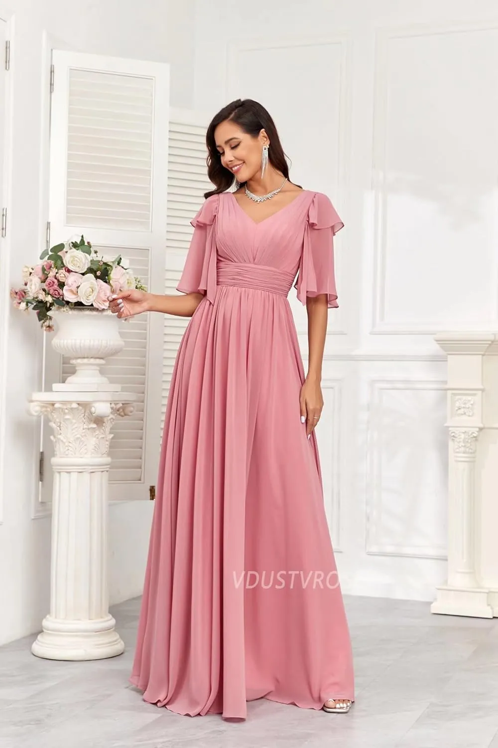 Short Sleeve Bridesmaid Dress for Women 2025 Flowy A-Line Pleated Mother of The Bride Dresses with Slit