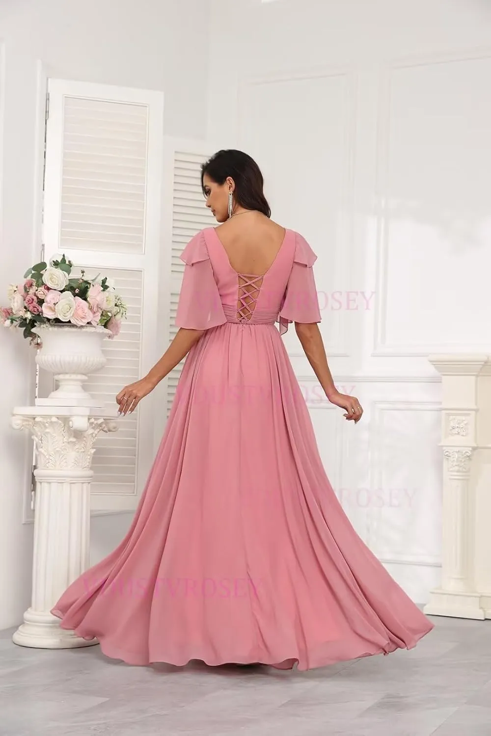 Short Sleeve Bridesmaid Dress for Women 2025 Flowy A-Line Pleated Mother of The Bride Dresses with Slit