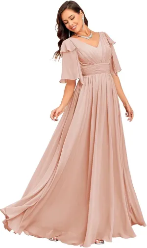 Short Sleeve Bridesmaid Dress for Women 2025 Flowy A-Line Pleated Mother of The Bride Dresses with Slit