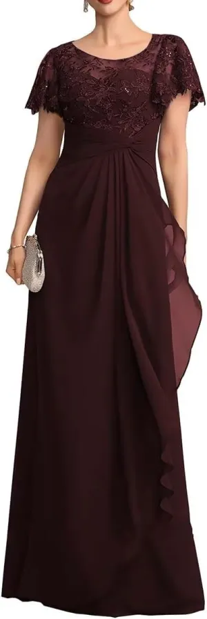 Short Sleeve Mother of The Bride Dresses Long Chiffon Laces Sequin Wedding Wedding Formal Gowns for Mom
