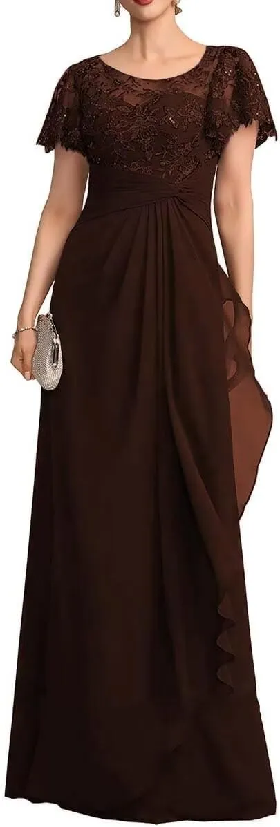 Short Sleeve Mother of The Bride Dresses Long Chiffon Laces Sequin Wedding Wedding Formal Gowns for Mom
