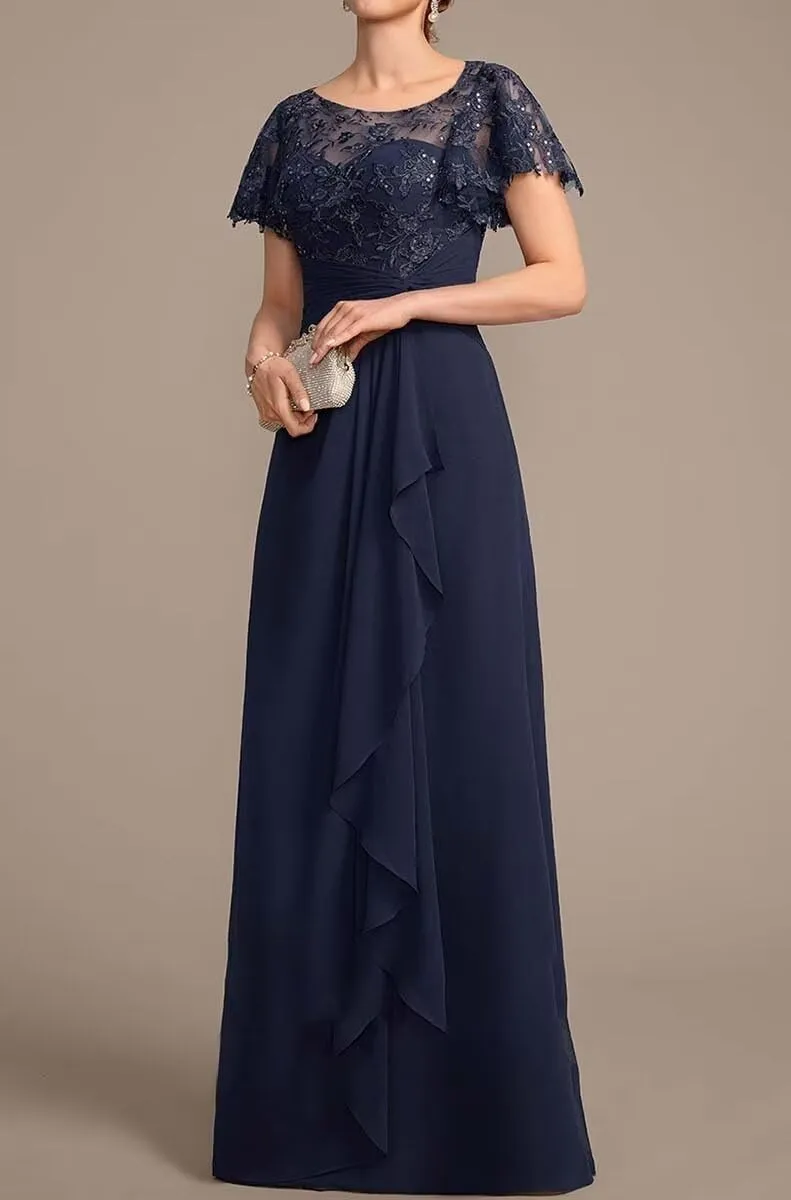 Short Sleeve Mother of The Bride Dresses Long Chiffon Laces Sequin Wedding Wedding Formal Gowns for Mom