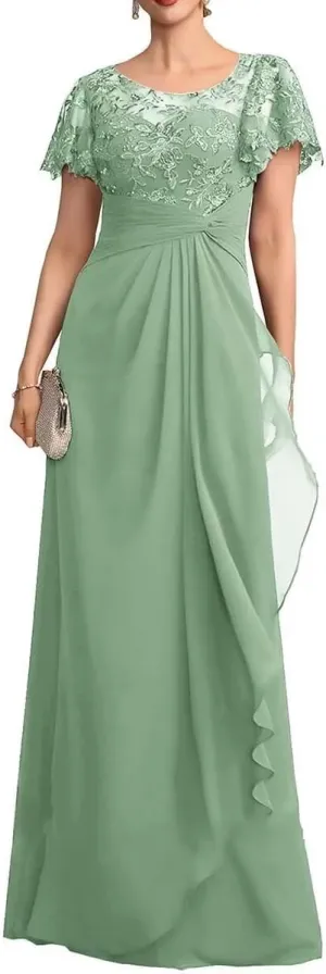 Short Sleeve Mother of The Bride Dresses Long Chiffon Laces Sequin Wedding Wedding Formal Gowns for Mom