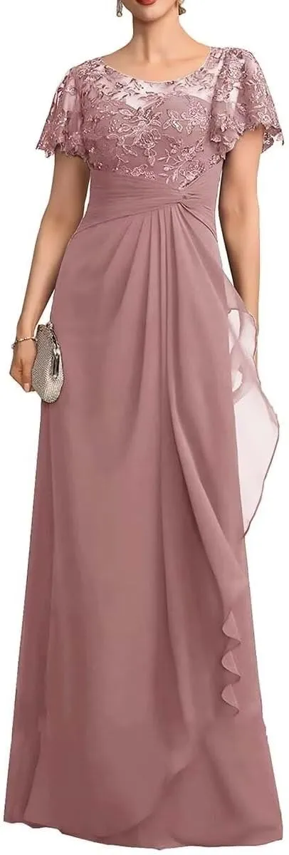 Short Sleeve Mother of The Bride Dresses Long Chiffon Laces Sequin Wedding Wedding Formal Gowns for Mom