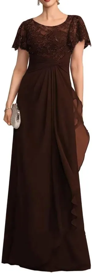 Short Sleeve Mother of The Bride Dresses Long Chiffon Laces Sequin Wedding Wedding Formal Gowns for Mom