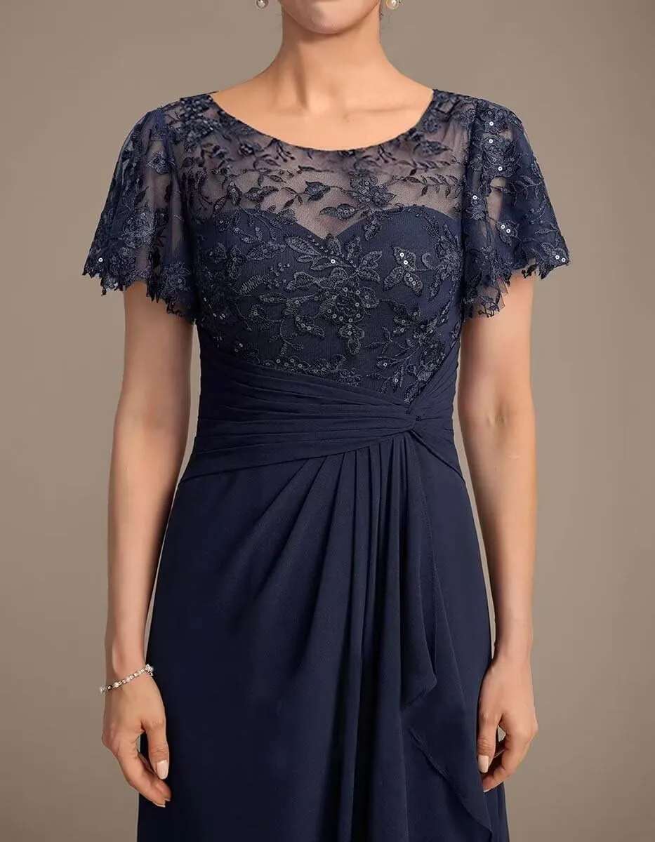 Short Sleeve Mother of The Bride Dresses Long Chiffon Laces Sequin Wedding Wedding Formal Gowns for Mom