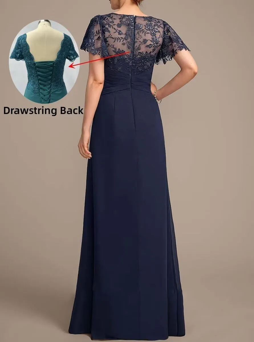 Short Sleeve Mother of The Bride Dresses Long Chiffon Laces Sequin Wedding Wedding Formal Gowns for Mom