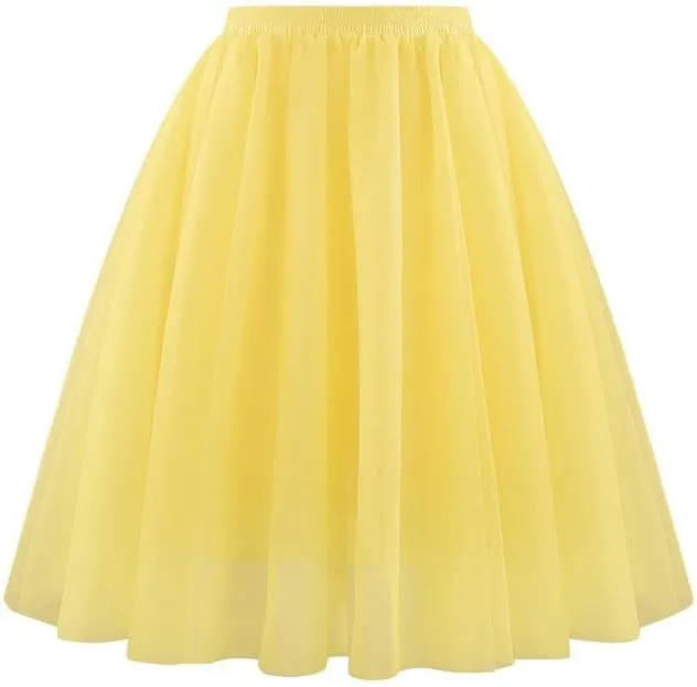 Solid High Waist Elastic Mesh Puffy Skirt for Women Casual A-line Layered Formal Party Ladies Skirt 2025