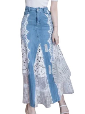 Spring Fashion Long Maxi Denim And Lace Fish Tail Skirt For Women S-2XL Mermaid Style High Waist Summer