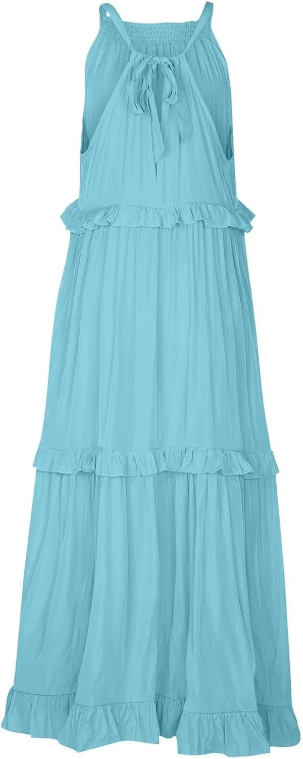 Summer Beach Dresses for Women 2024 Halter Tie Back Long Dress Tiered Smocked Ruffle Maxi Frocks Sleeveless Sundress